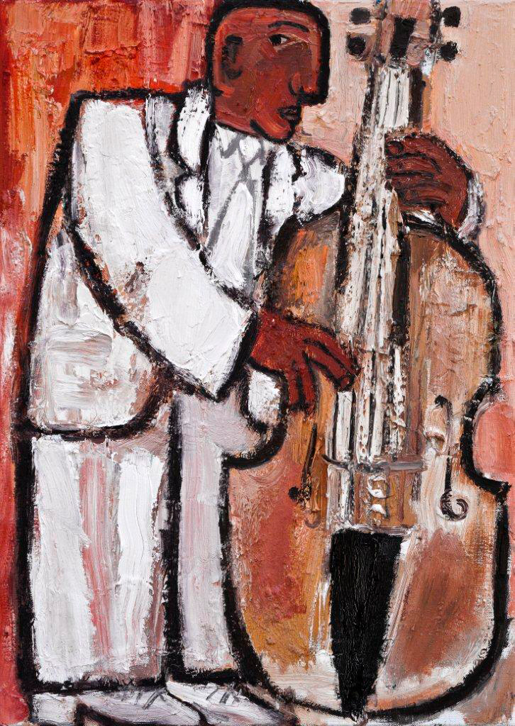 Krzysztof Kokoryn - Bass Player In A White Suit (Oil on Canvas | Größe: 50 x 70 cm | Preis: 8500 PLN)