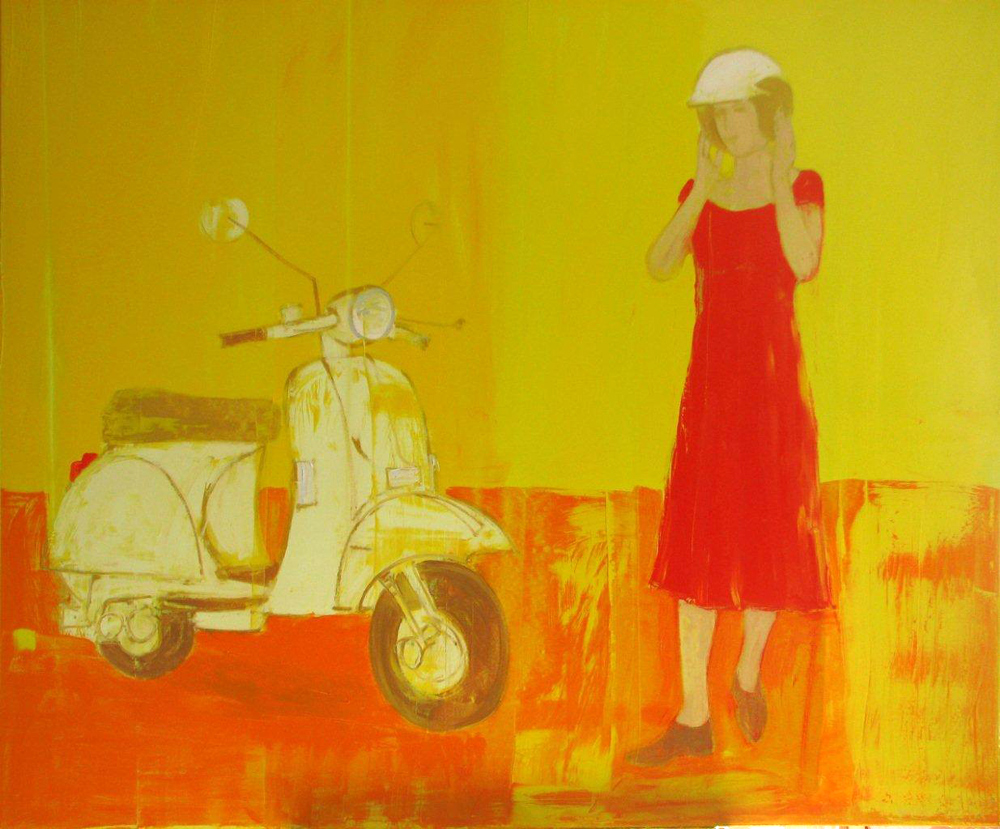 Jacek Łydżba - Lady with scooter (Oil on canvas | Wymiary: 150 x 130 cm | Cena: 9000 PLN)