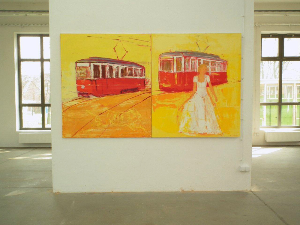 Jacek Łydżba - Lady and two trams (Oil on Canvas | Wymiary: 260 x 150 cm | Cena: 15000 PLN)