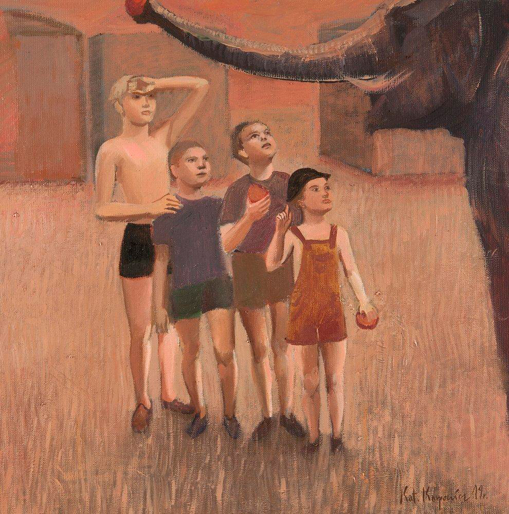 Katarzyna Karpowicz - Boys feeding elephant (Oil on Canvas | Wymiary: 40 x 40 cm | Cena: 3500 PLN)