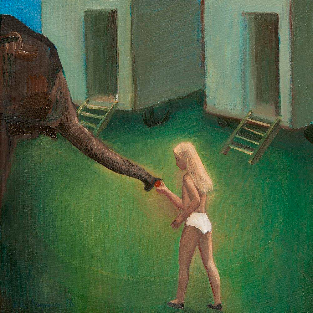Katarzyna Karpowicz - Girl and elephant (Oil on Canvas | Wymiary: 40 x 40 cm | Cena: 3500 PLN)