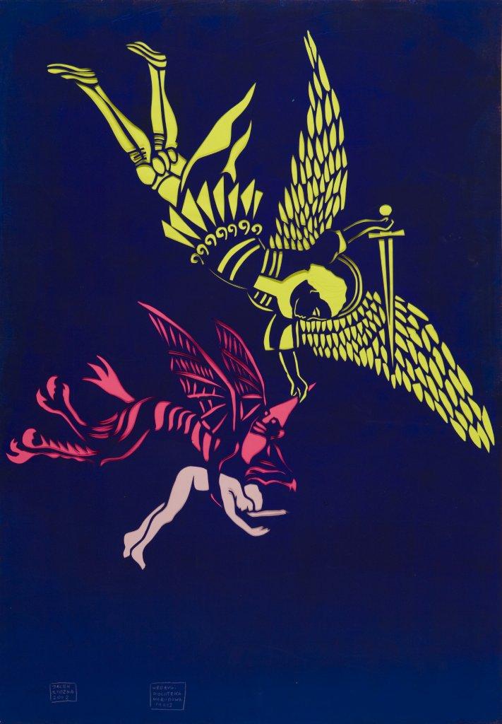 Jacek Łydżba - An Angel, a Devil, a Man (after a print from the National Library of France in Paris) (Pattern, paper, enamel | Size: 70 x 100 cm | Price: 2000 PLN)