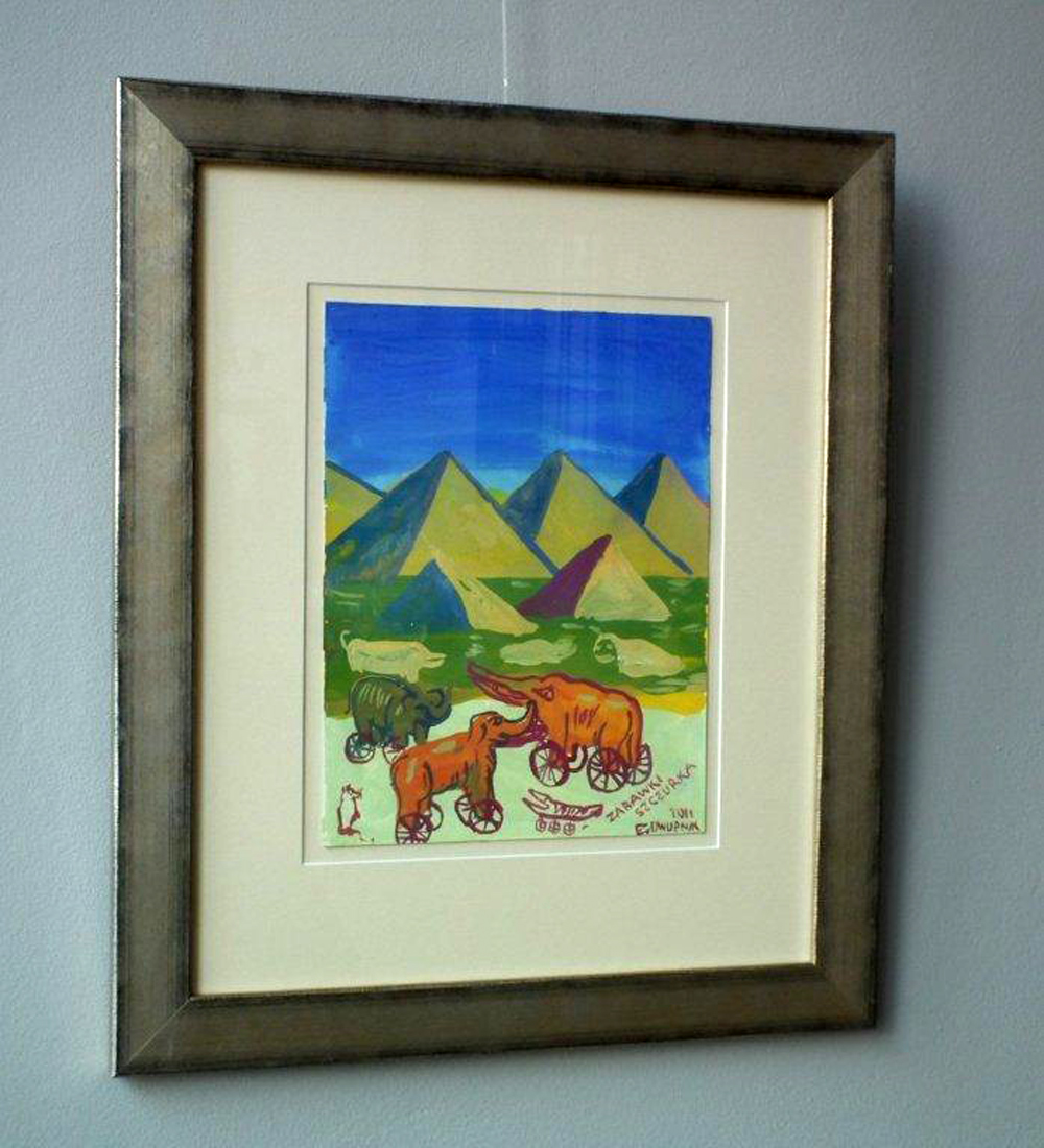 Edward Dwurnik - Elephants at the pyramids (Oil on Canvas | Größe: 48 x 59 cm | Preis: 3500 PLN)