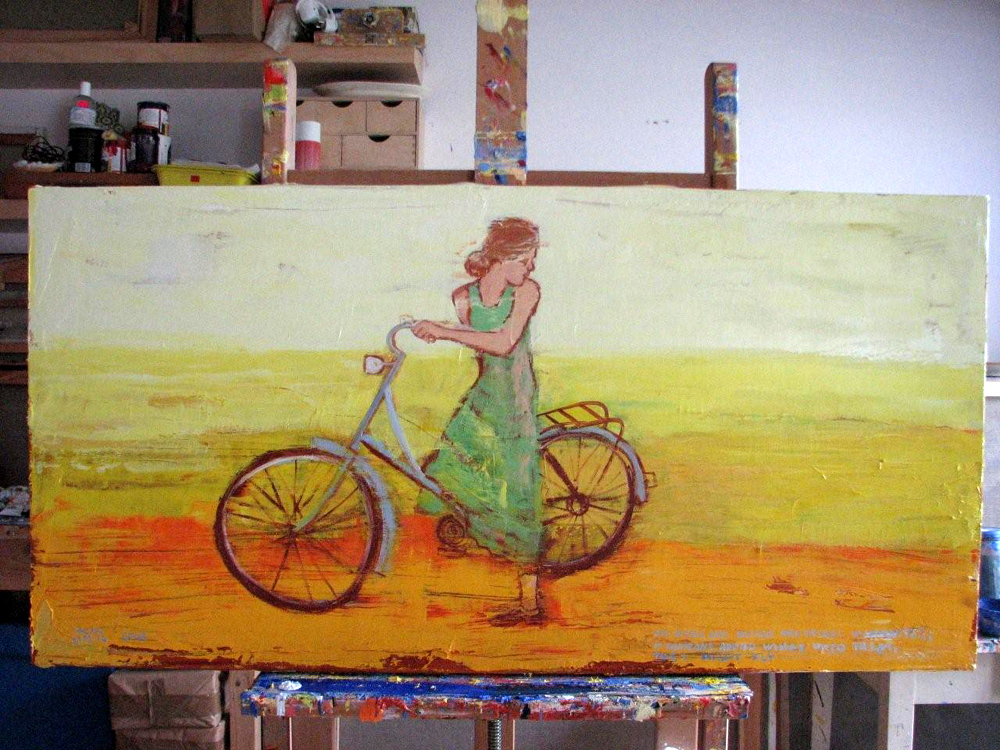 Jacek Łydżba - Cyclist In A Green Dress (Oil on Canvas | Größe: 120 x 65 cm | Preis: 7000 PLN)