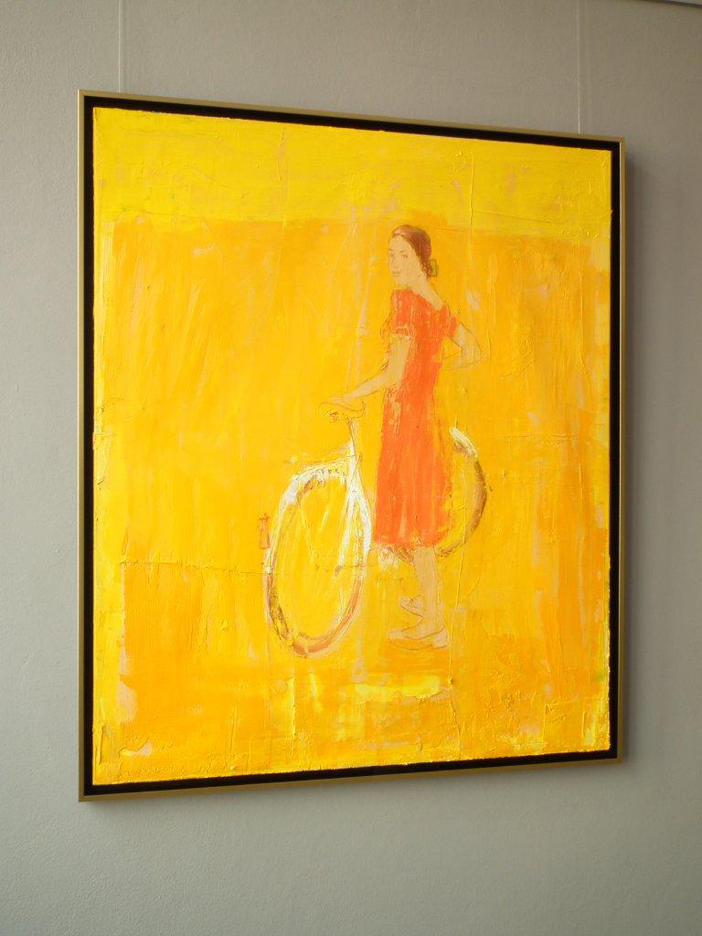 Jacek Łydżba - Cyclist wearing a red dress (Oil on Canvas | Wymiary: 105 x 125 cm | Cena: 7000 PLN)