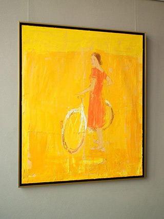 Jacek Łydżba : Cyclist wearing a red dress : Oil on Canvas