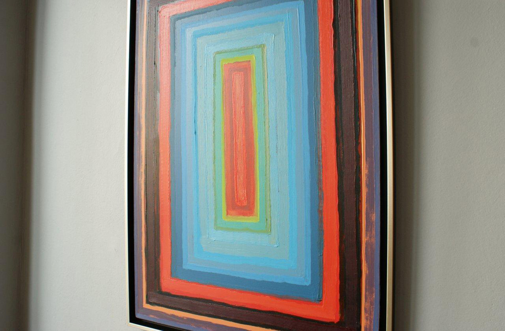 Łukasz Majcherowicz - Pink stripe on a blue background (Oil on Canvas | Größe: 70 x 97 cm | Preis: 8500 PLN)
