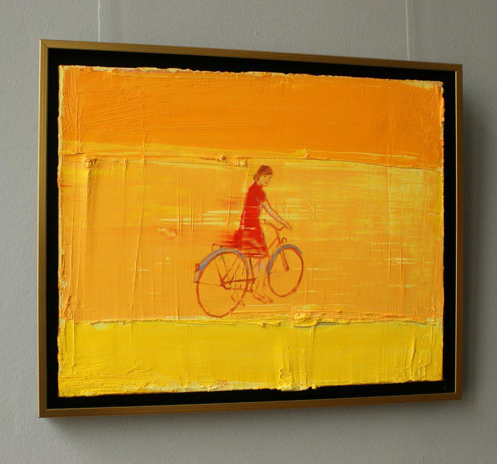 Jacek Łydżba - Cyclist wearing a red dress (Oil on Canvas | Wymiary: 55 x 46 cm | Cena: 3200 PLN)