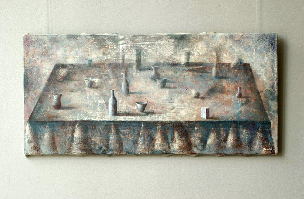 Łukasz Huculak - Still life in a cloud of ash (Oil on Canvas | Wymiary: 96 x 46 cm | Cena: 5500 PLN)