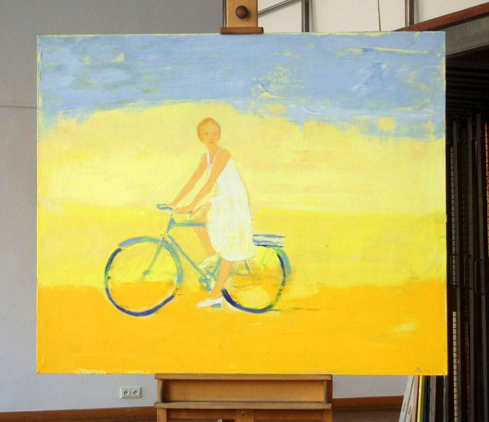 Jacek Łydżba - Bicykle and white dress (Oil on Canvas | Wymiary: 120 x 100 cm | Cena: 5500 PLN)