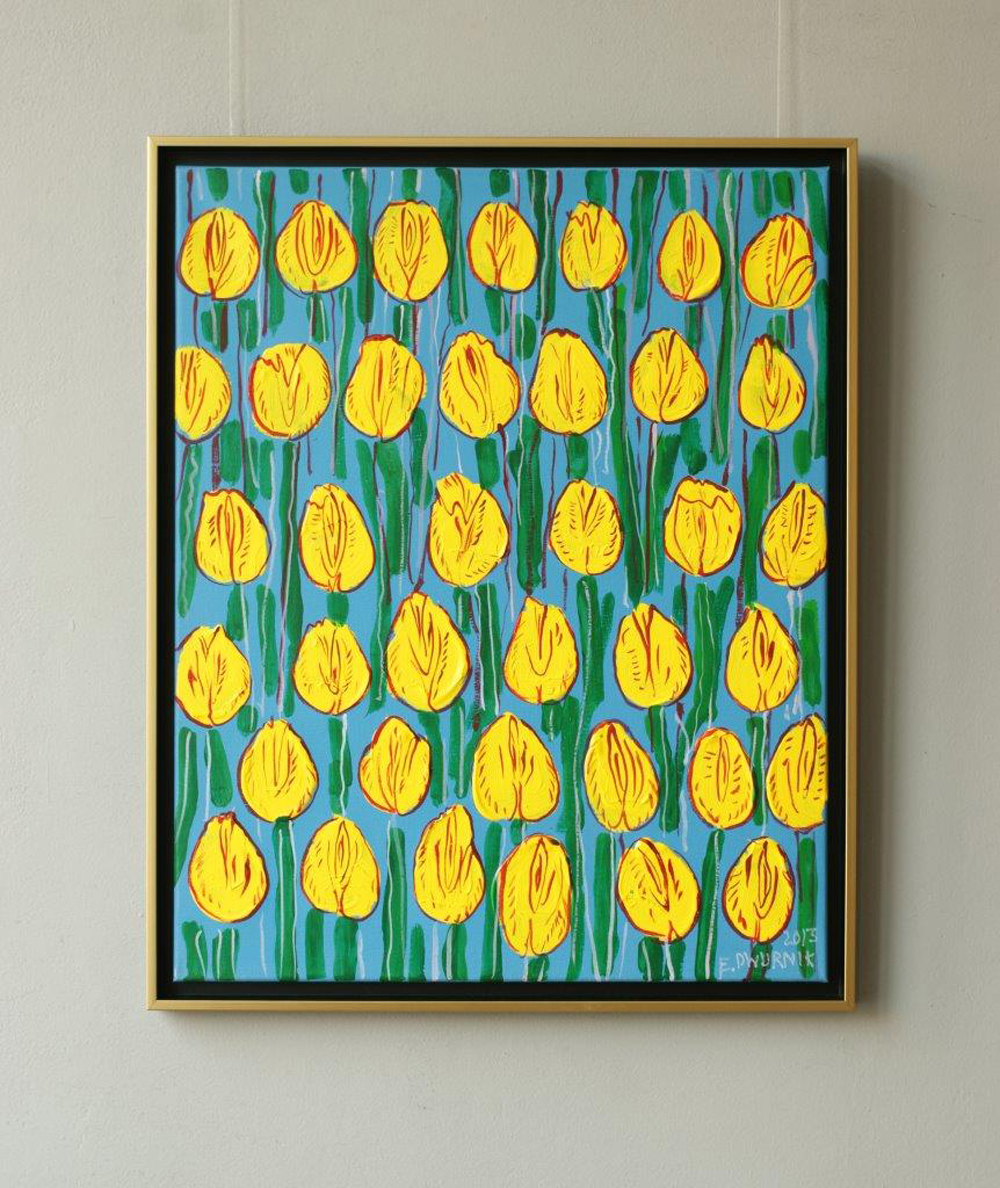 Edward Dwurnik - Yellow tulips on a green background (Oil on Canvas | Size: 70 x 86 cm | Price: 8500 PLN)