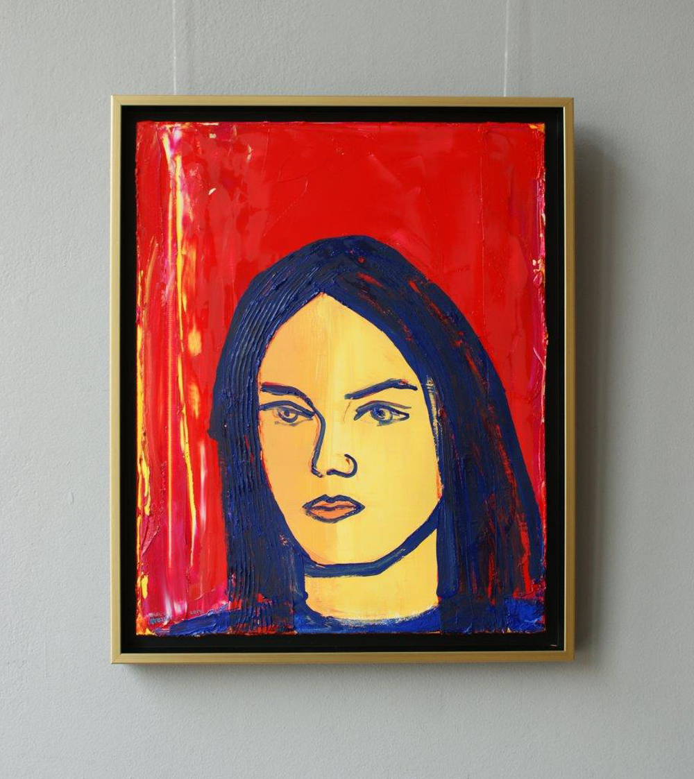 Jacek Łydżba - Brunette on a red background (Oil on Canvas | Size: 45 x 55 cm | Price: 4500 PLN)