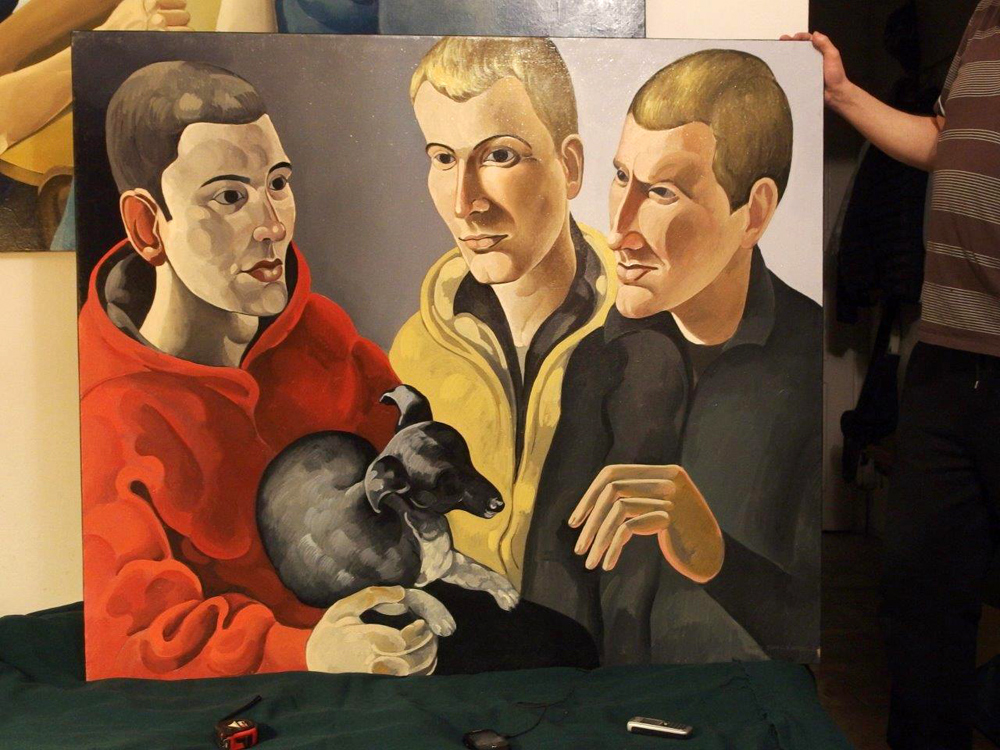 Tomasz Karabowicz - Three young men with a dog (Oil on Canvas | Wymiary: 130 x 110 cm | Cena: 7000 PLN)