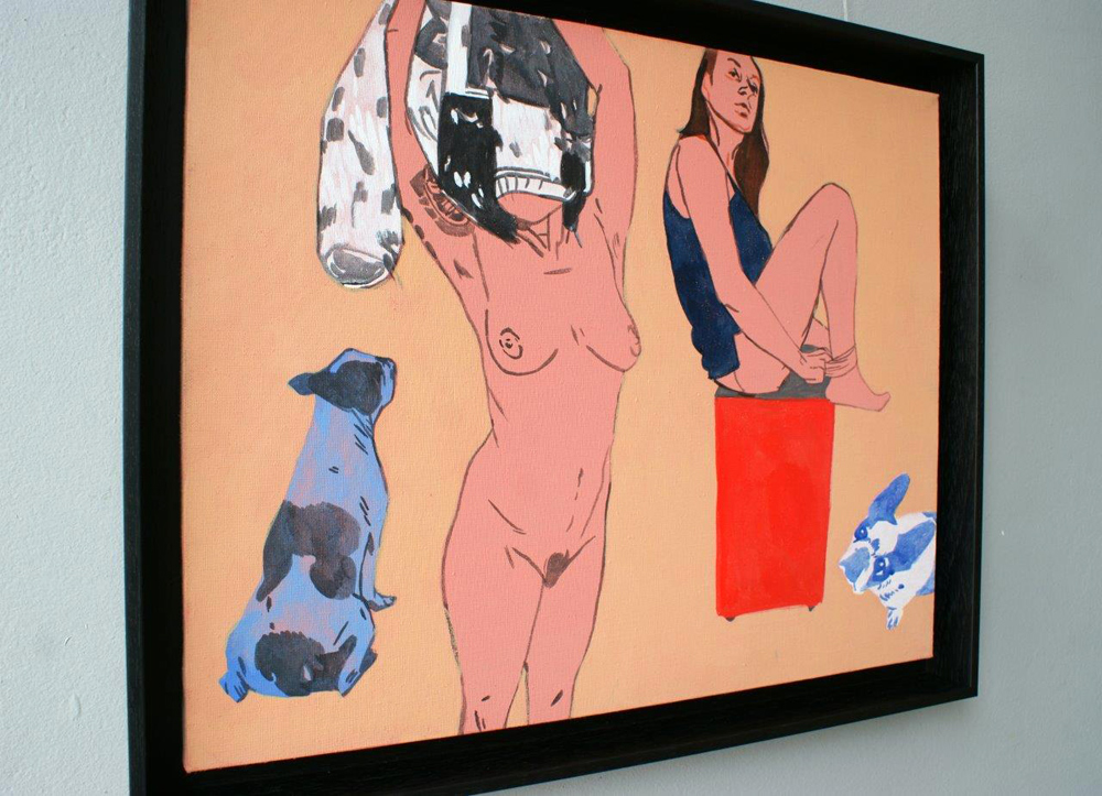 Agnieszka Sandomierz - Two chicks and their bulldogs (Tempera on canvas | Wymiary: 56 x 46 cm | Cena: 3600 PLN)