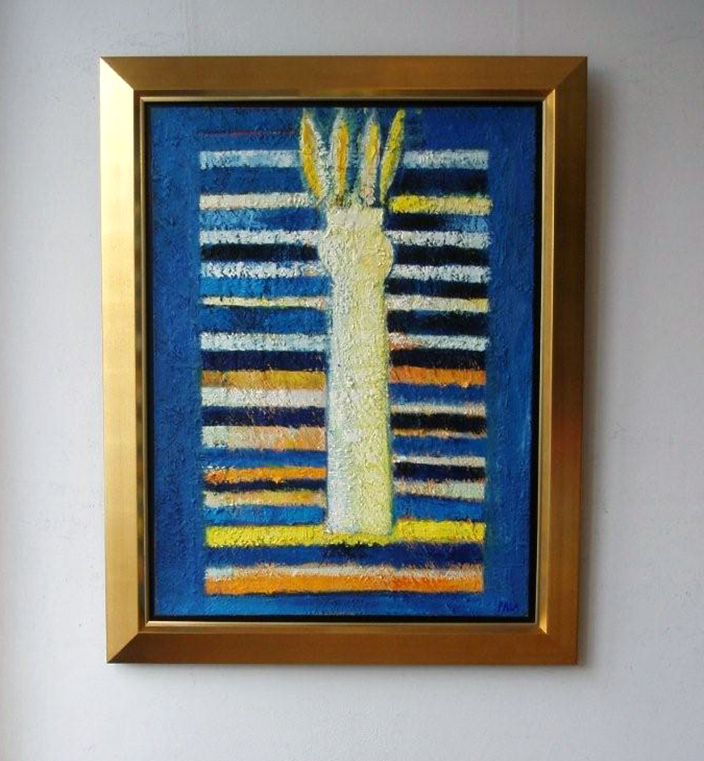 Darek Pala - Vase On Stripped Blue (Oil on Canvas | Größe: 96 x 122 cm | Preis: 8500 PLN)