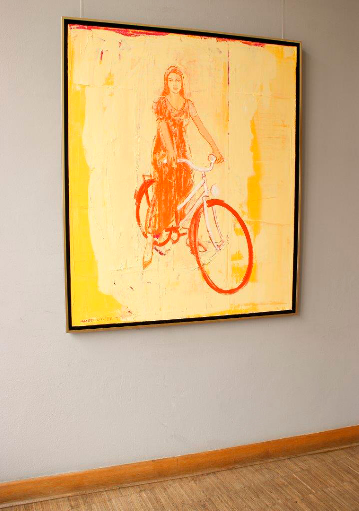 Jacek Łydżba - Cyclist in orange dress (Oil on Canvas | Size: 105 x 125 cm | Price: 7000 PLN)