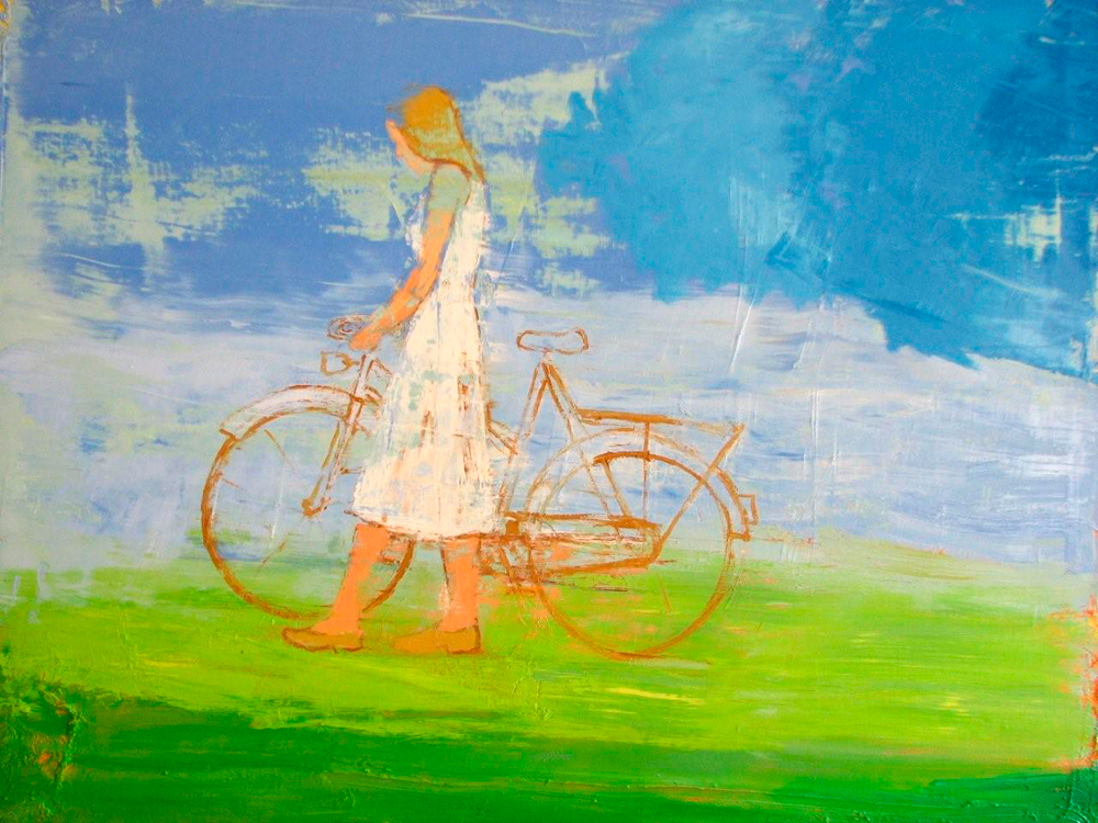 Jacek Łydżba - Lady with bicykle (Oil on Canvas | Wymiary: 120 x 110 cm | Cena: 6000 PLN)
