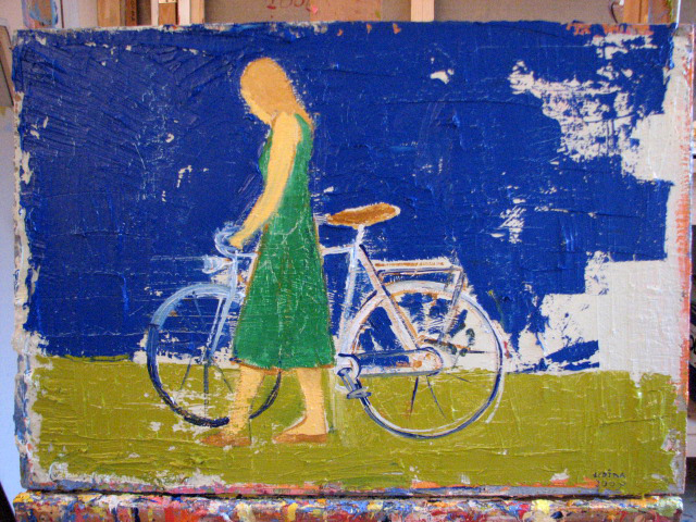 Jacek Łydżba - Lady with bicykle (Oil on Canvas | Größe: 65 x 45 cm | Preis: 4000 PLN)