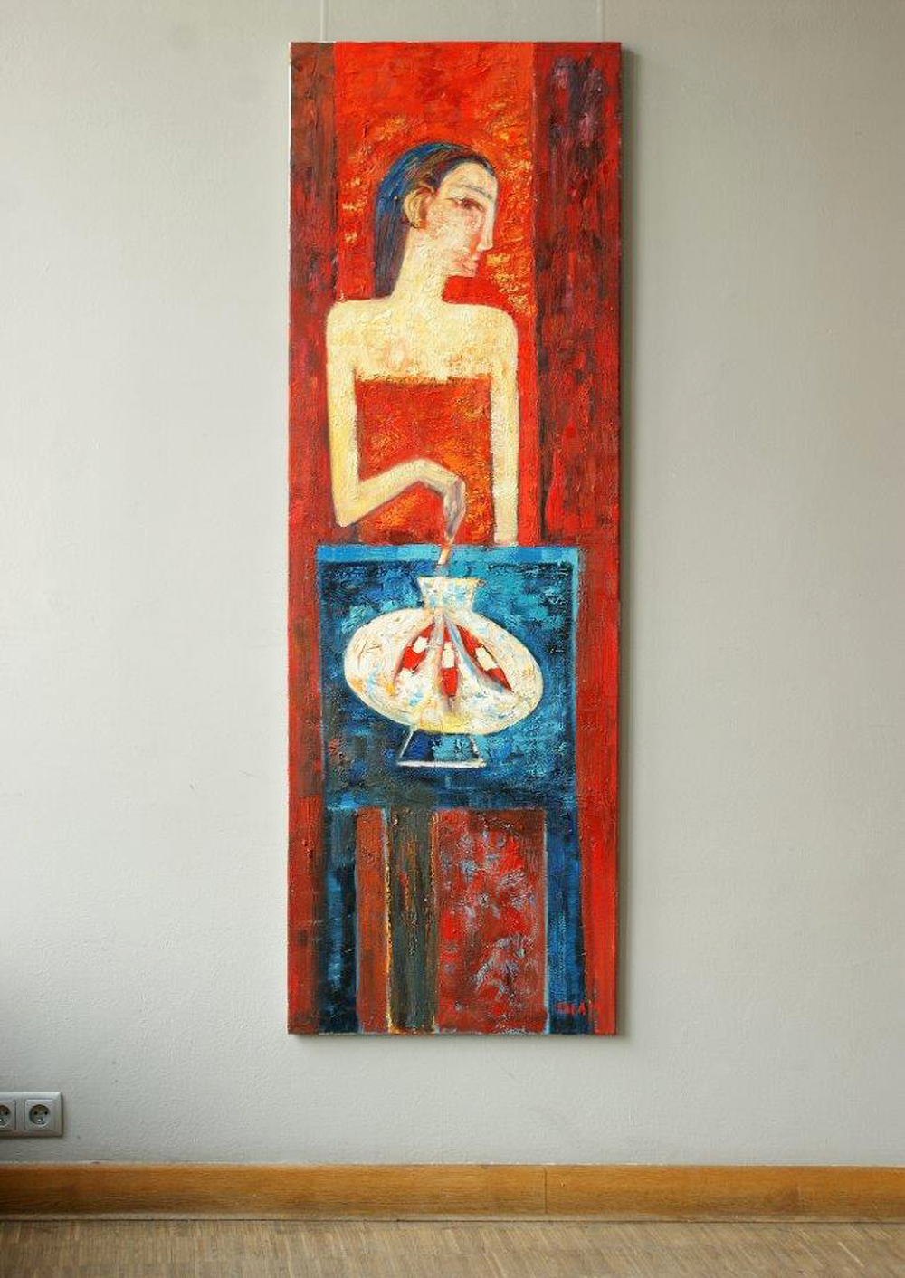 Darek Pala - Woman with fishes in aquarium (Oil on Canvas | Size: 60 x 180 cm | Price: 9000 PLN)