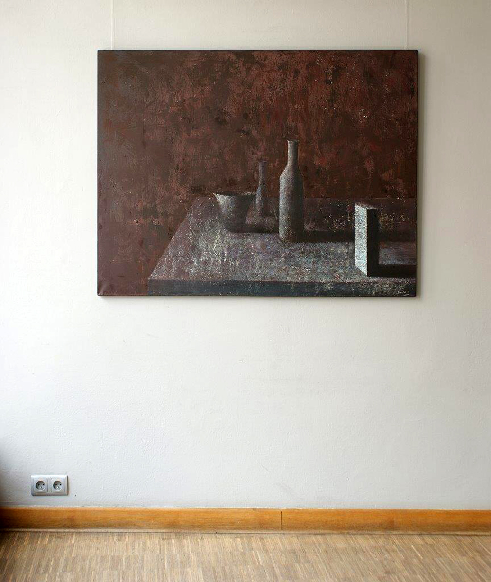 Łukasz Huculak - Objects in a purple interior (Oil on Canvas | Size: 130 x 100 cm | Price: 9000 PLN)
