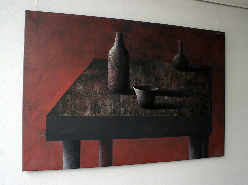 Łukasz Huculak - Still Life in a red room (Oil on Canvas | Wymiary: 150 x 100 cm | Cena: 9500 PLN)
