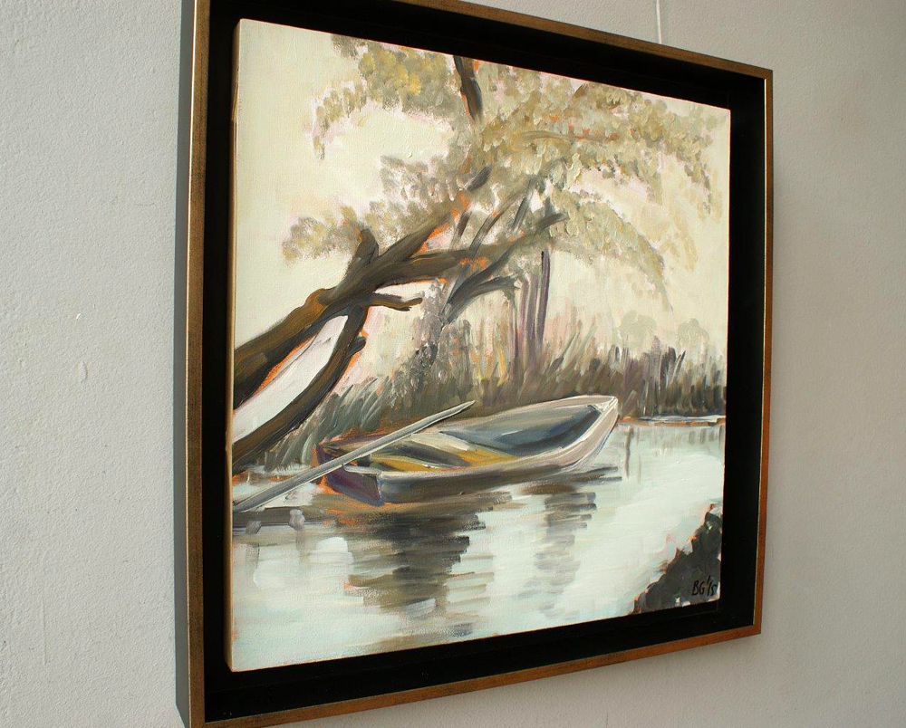 Bogna Gniazdowska - Landscape with boat I (Oil on Canvas | Size: 46 x 46 cm | Price: 1600 PLN)