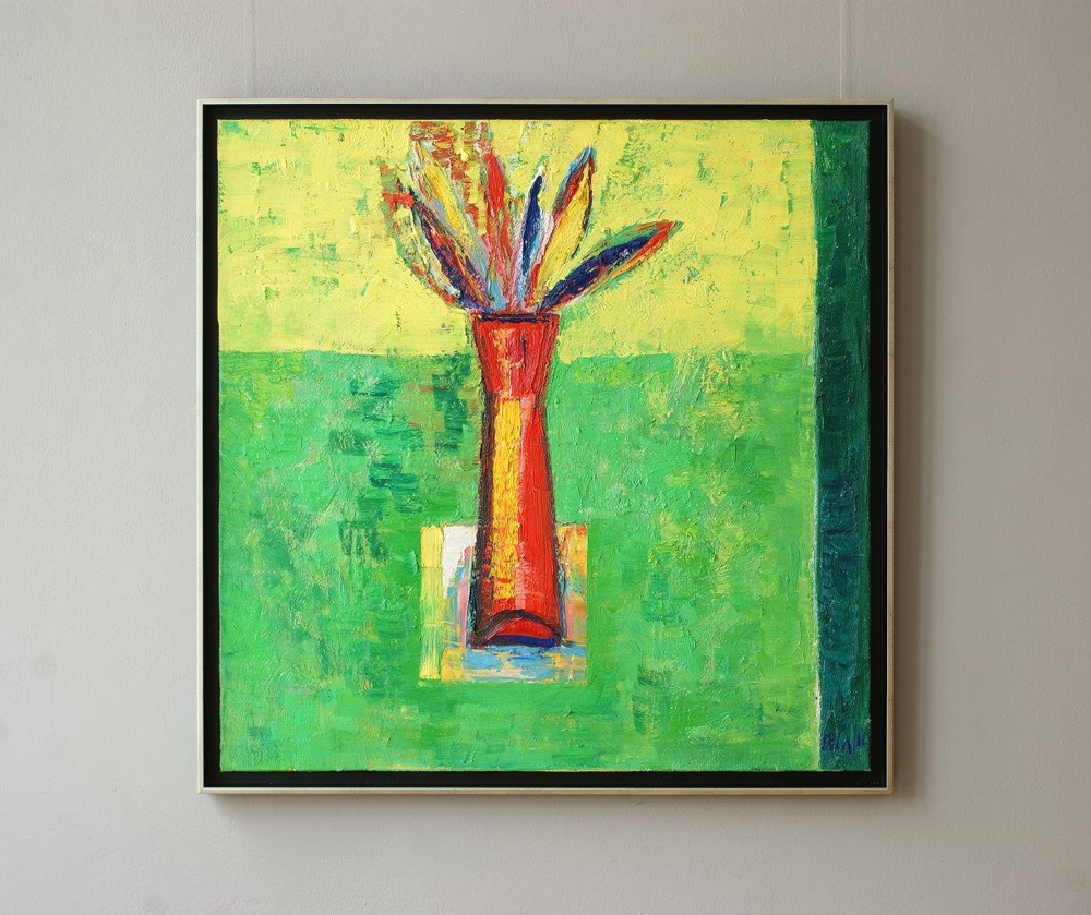 Darek Pala - Vase on a green table (Oil on Canvas | Wymiary: 106 x 106 cm | Cena: 7500 PLN)