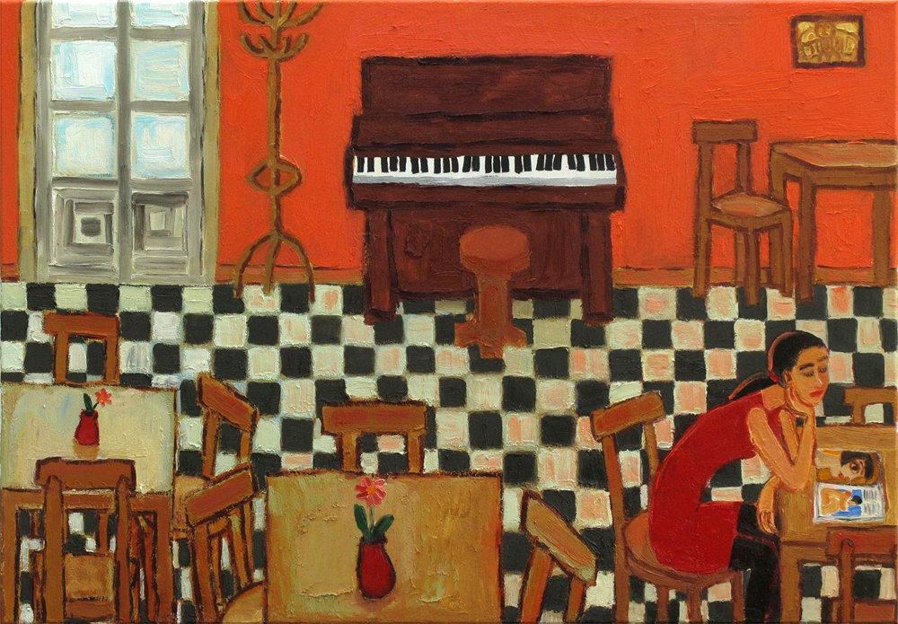 Krzysztof Kokoryn - Bar interior with an old piano (Oil on Canvas | Wymiary: 100 x 70 cm | Cena: 7000 PLN)