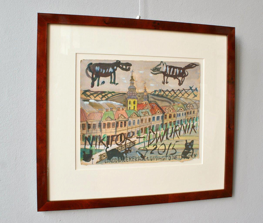 Edward Dwurnik - Dog and bitch over the town (Tempera on paper | Size: 40 x 35 cm | Price: 2500 PLN)