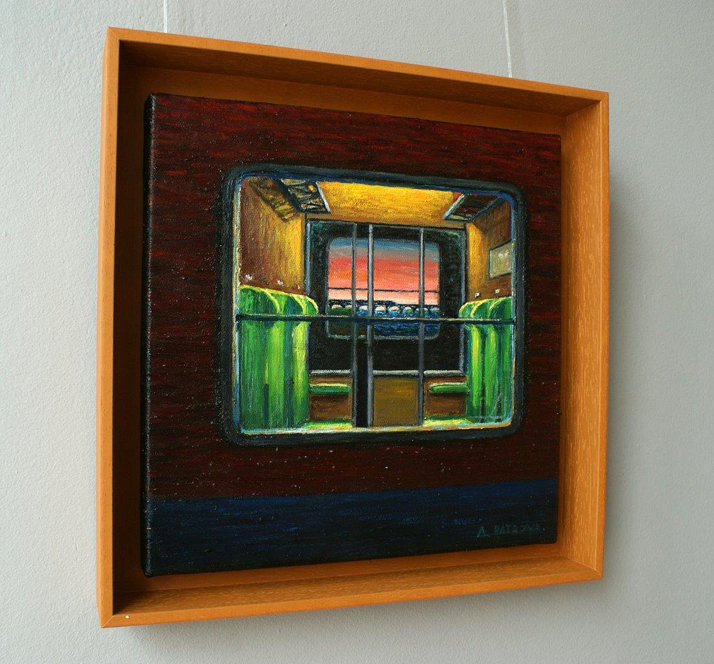 Adam Patrzyk - Window in the train (Oil on Canvas | Wymiary: 36 x 36 cm | Cena: 6100 PLN)