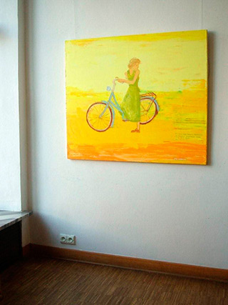 Jacek Łydżba : Green dressed lady and bicykle : Oil on Canvas