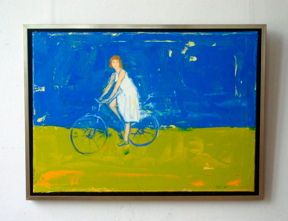 Jacek Łydżba - Lady with bicykle blue (Oil on Canvas | Wymiary: 75 x 55 cm | Cena: 3700 PLN)
