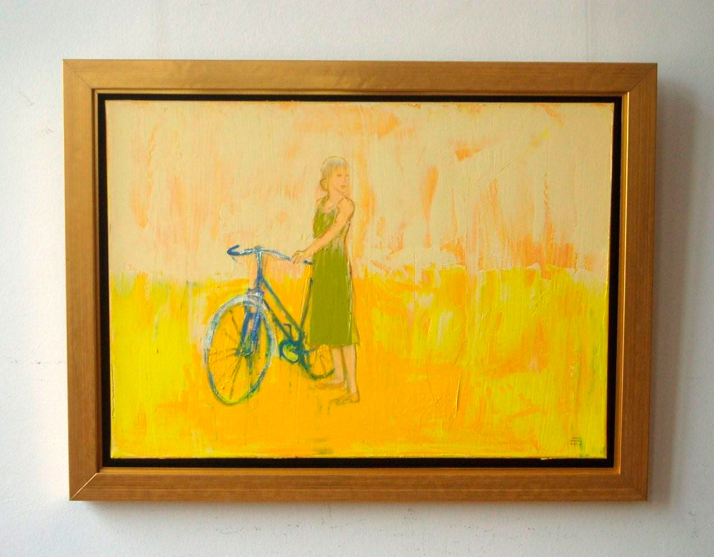 Jacek Łydżba - Lady with bicykle yellow (Oil on Canvas | Wymiary: 82 x 62 cm | Cena: 3900 PLN)