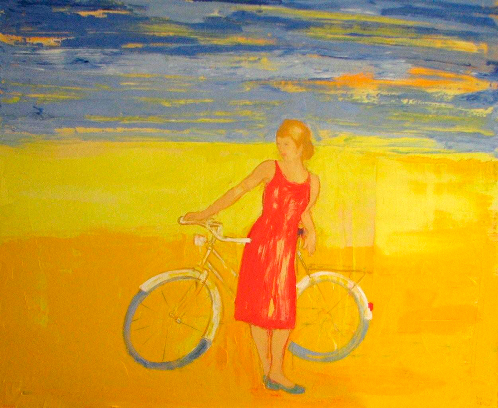 Jacek Łydżba - Red dressed lady with bicykle (Oil on Canvas | Wymiary: 120 x 100 cm | Cena: 5500 PLN)