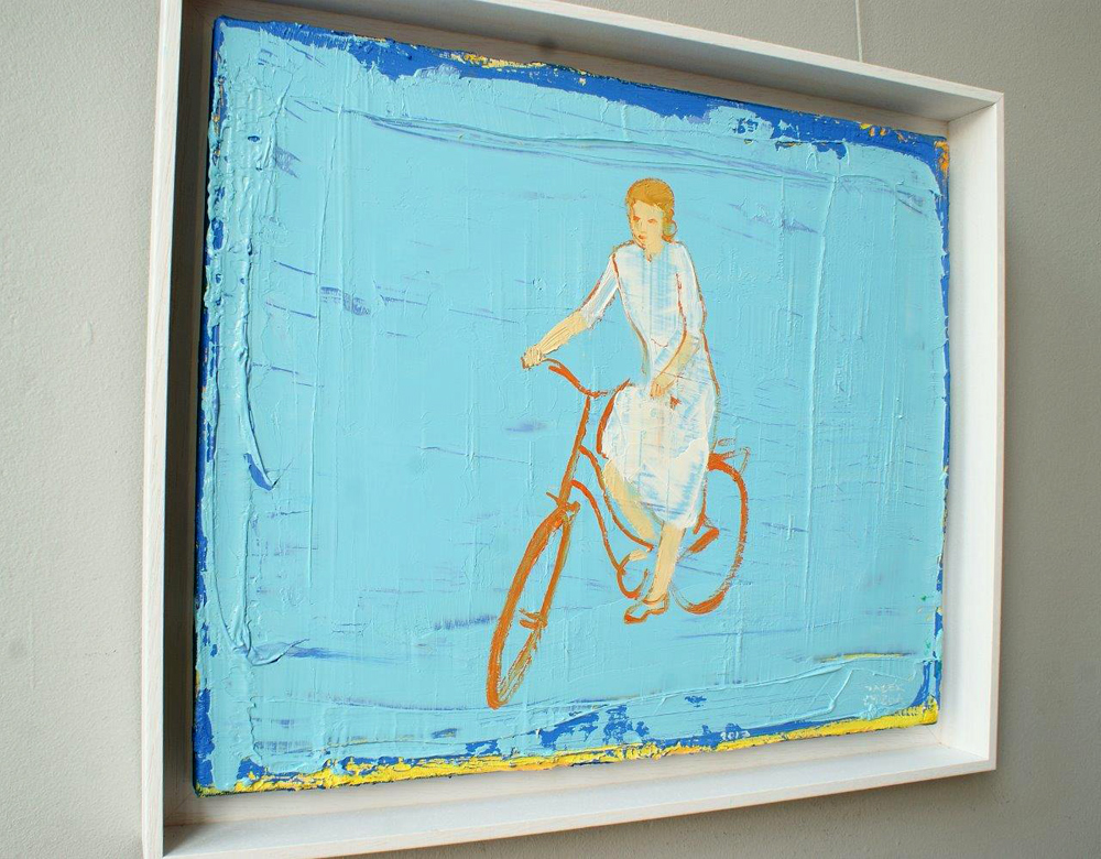 Jacek Łydżba - Cyclist, white on blue (Oil on Canvas | Size: 52 x 44 cm | Price: 3200 PLN)