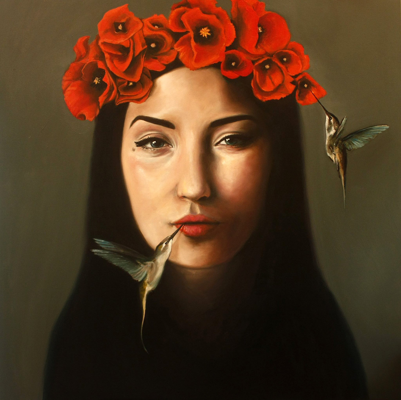 Katarzyna Kubiak - Girl in a wreath of poppies (Oil on Canvas | Wymiary: 105 x 105 cm | Cena: 7500 PLN)
