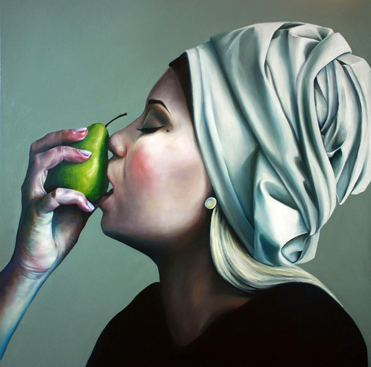 Katarzyna Kubiak - Woman with pear (Oil on Canvas | Größe: 106 x 106 cm | Preis: 5500 PLN)