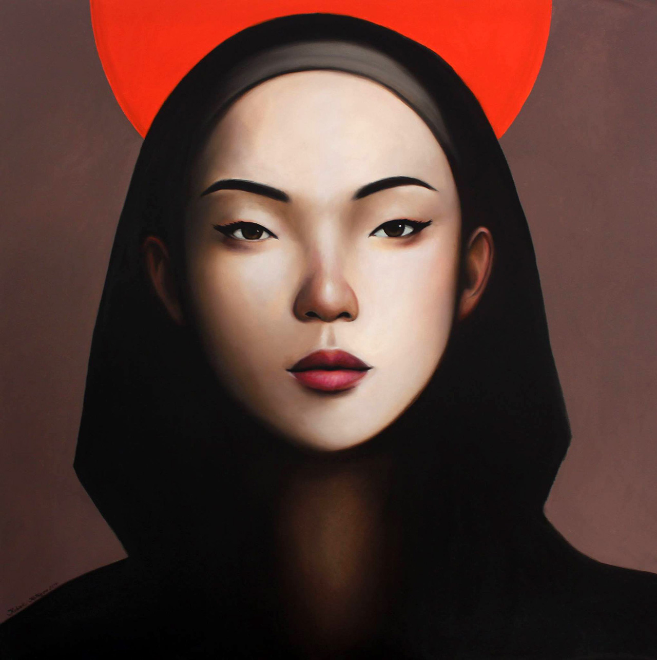 Katarzyna Kubiak - Japanese girl with a red halo (Oil on Canvas | Wymiary: 106 x 106 cm | Cena: 5500 PLN)