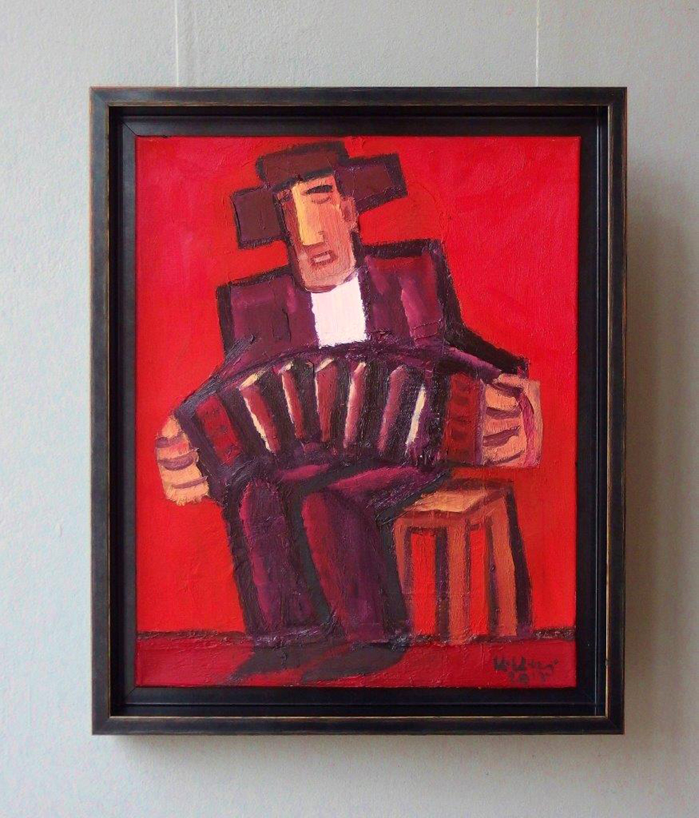 Krzysztof Kokoryn - Bandeon player wearing a hat (Oil on Canvas | Größe: 48 x 58 cm | Preis: 4800 PLN)