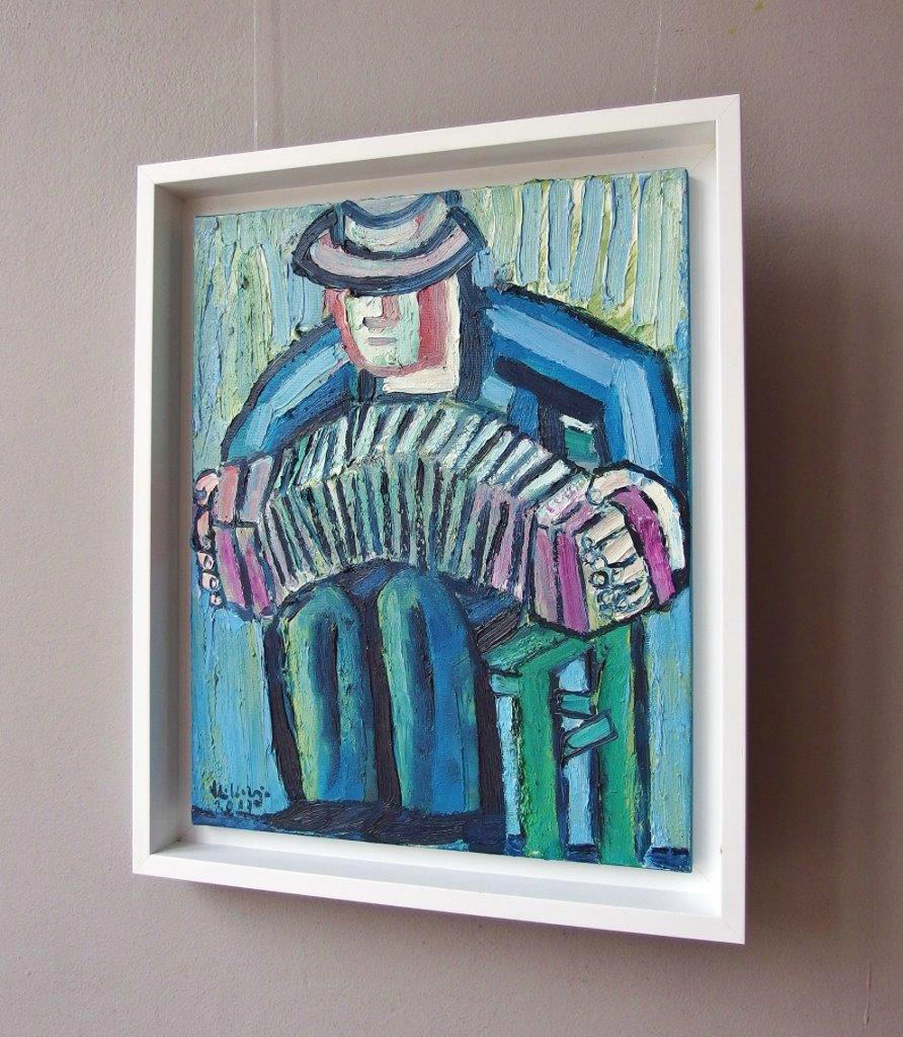 Krzysztof Kokoryn - Bandeon player on a green stool (Oil on Canvas | Wymiary: 48 x 58 cm | Cena: 5000 PLN)