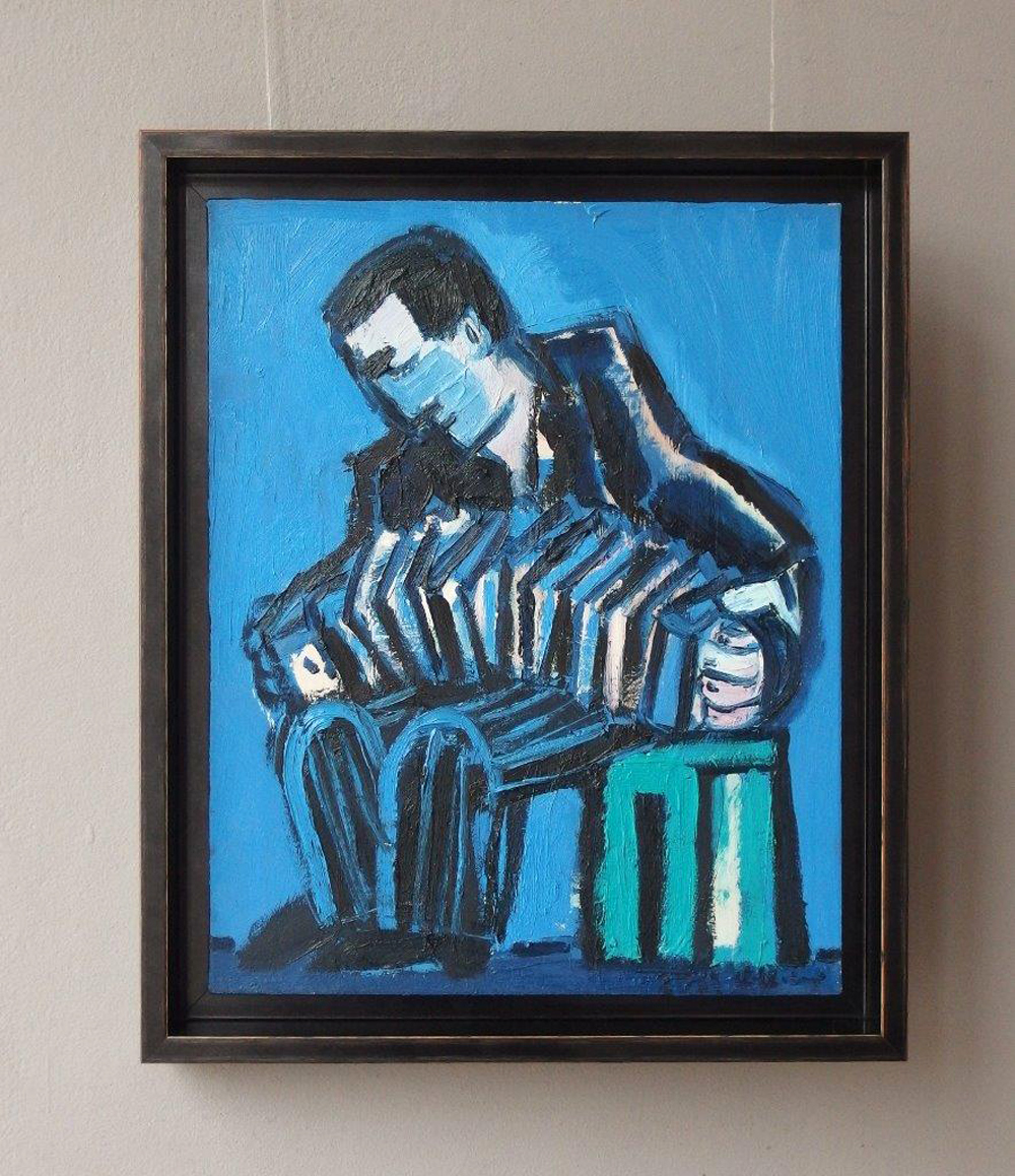 Krzysztof Kokoryn - Bandeon player on a stool (Oil on Canvas | Size: 48 x 58 cm | Price: 4800 PLN)