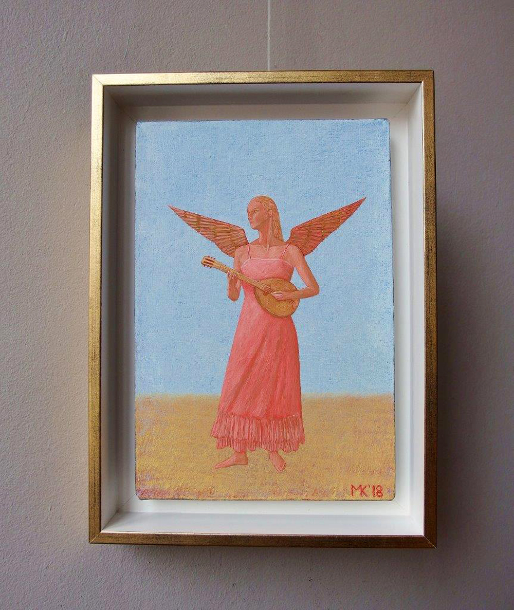 Mikołaj Kasprzyk - Angel with a lute on blue (Oil on Canvas | Size: 24 x 33 cm | Price: 1600 PLN)