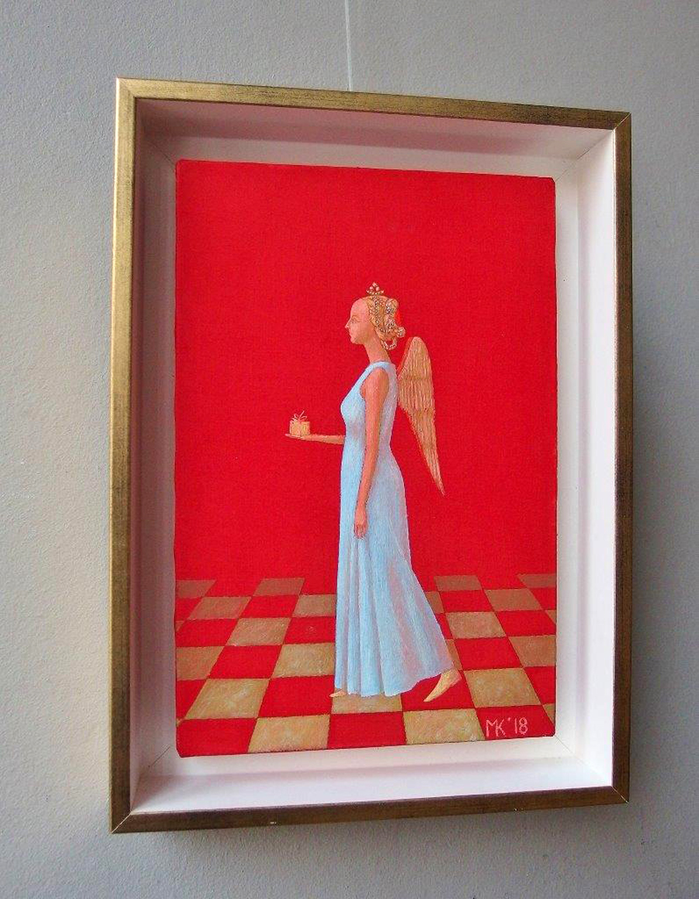 Mikołaj Kasprzyk - Angel with parcel (Oil on Canvas | Size: 24 x 33 cm | Price: 1600 PLN)