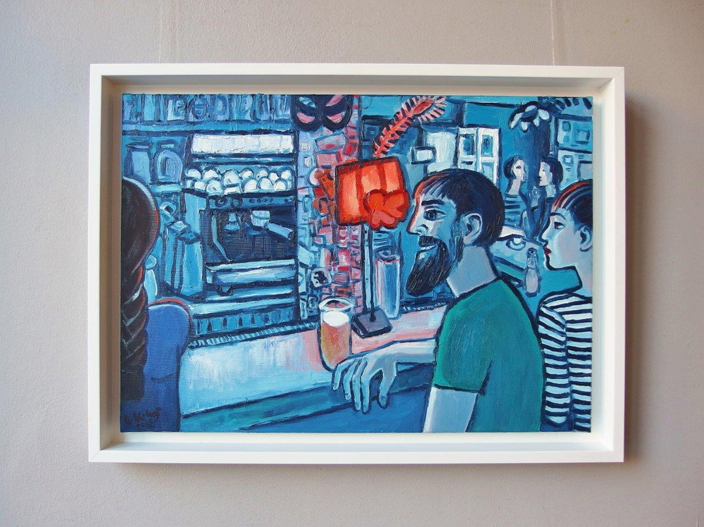 Krzysztof Kokoryn - Blue bar with a red lampshade (Oil on Canvas | Size: 78 x 58 cm | Price: 5500 PLN)