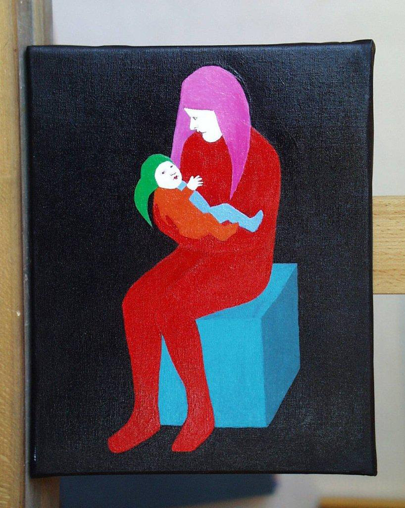 Katarzyna Castellini - Clown mother with a little child (Oil on Canvas | Wymiary: 20 x 25 cm | Cena: 1900 PLN)
