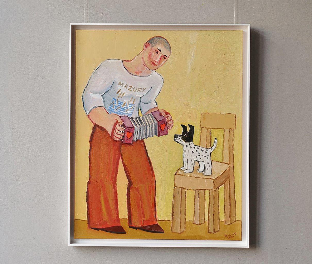 Krzysztof Kokoryn - Bandeon player and his small dog (Oil on Canvas | Wymiary: 86 x 106 cm | Cena: 6500 PLN)