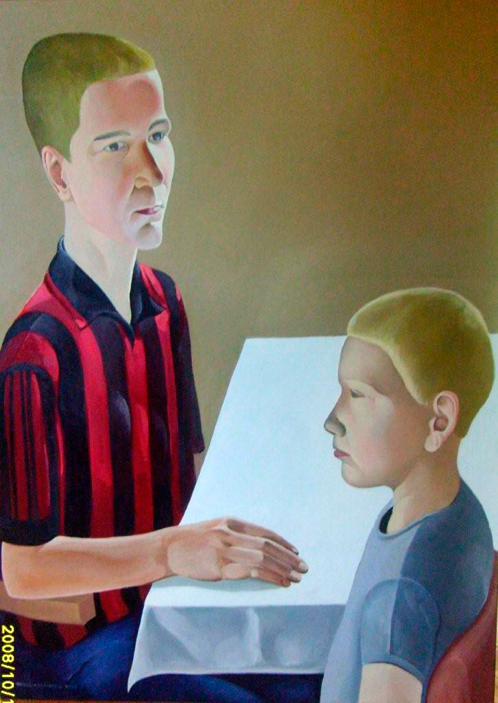 Tomasz Karabowicz - Two Boys At The Table (Oil on Canvas | Size: 100 x 140 cm | Price: 12000 PLN)