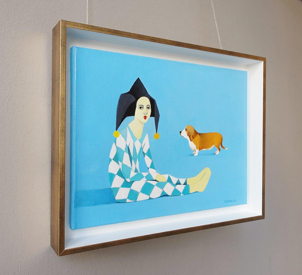 Katarzyna Castellini - Harlequin with basset (Oil on Canvas | Größe: 46 x 36 cm | Preis: 2600 PLN)