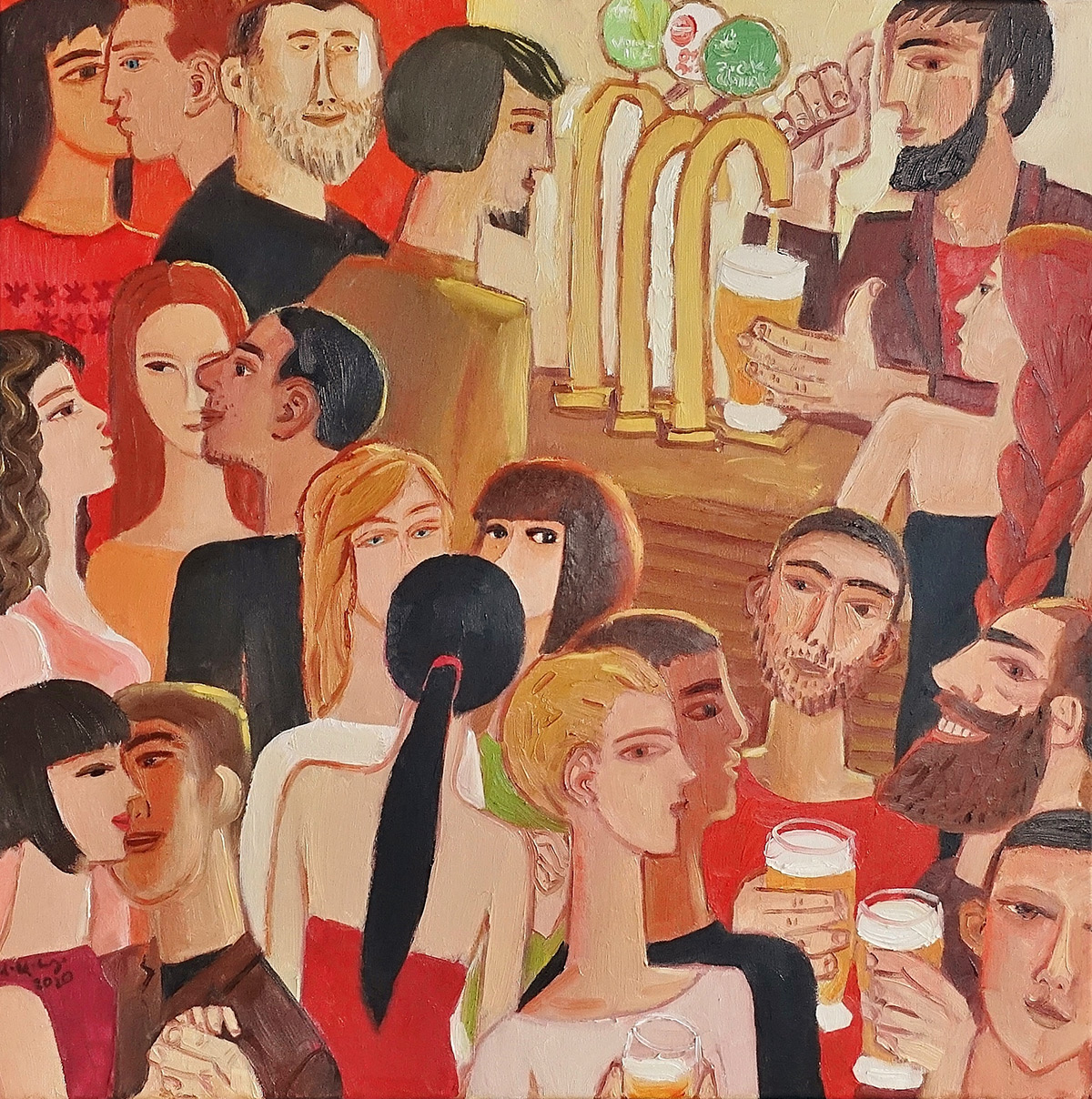 Krzysztof Kokoryn - In the bar (Oil on Canvas | Größe: 77 x 77 cm | Preis: 6500 PLN)