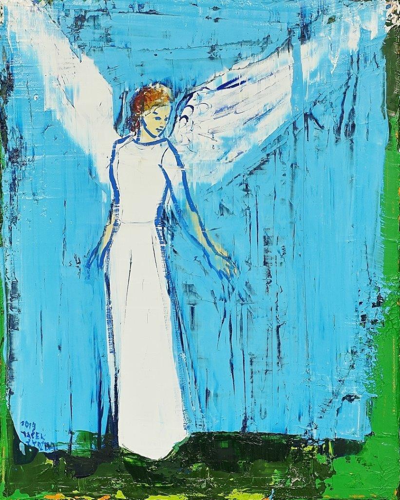Jacek Łydżba - Angel White on blue (Oil on Canvas | Size: 46 x 56 cm | Price: 4000 PLN)